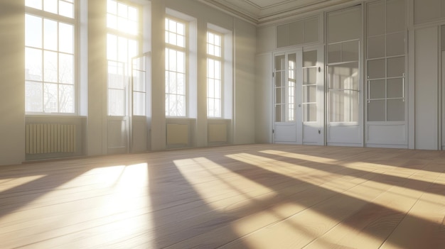 Ein geräumiger leerer Raum mit Sonnenlicht und großen Fenstern