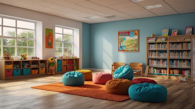 Ein geräumiger und farbenfroher moderner Bibliotheksraum