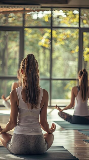 Foto ein geräumiger yoga-kurs mit menschen im sonnenlicht