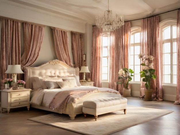 Ein geräumiges Schlafzimmer mit einem klassisch eingerichteten Bett mit durch Vorhänge gefiltertem Sonnenlicht