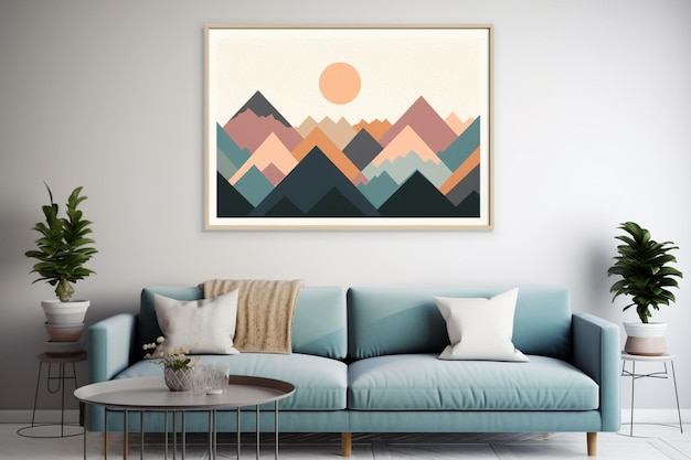 Ein gerahmter Kunstdruck mit Bergen an einer Wand.