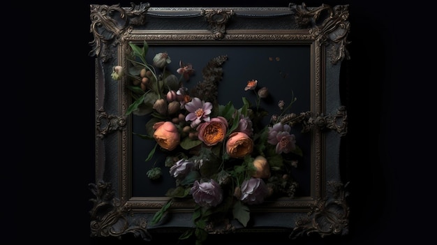 Ein gerahmtes Bild mit Blumen auf dunklem Hintergrund