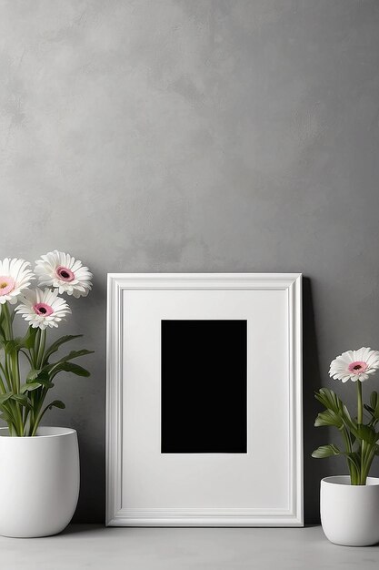 ein gerahmtes Bild von Blumen an einer grauen Wand