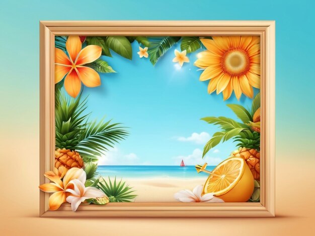 Foto ein gerahmtes bild von einer ananas und einem tropischen strand