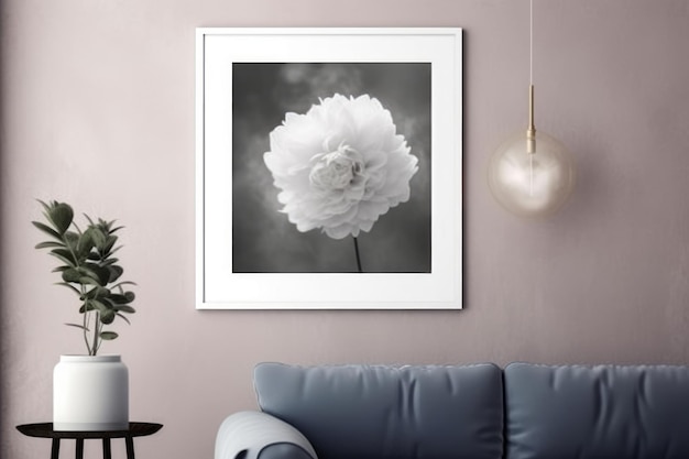 Ein gerahmtes Foto einer weißen Blume an einer Wand.