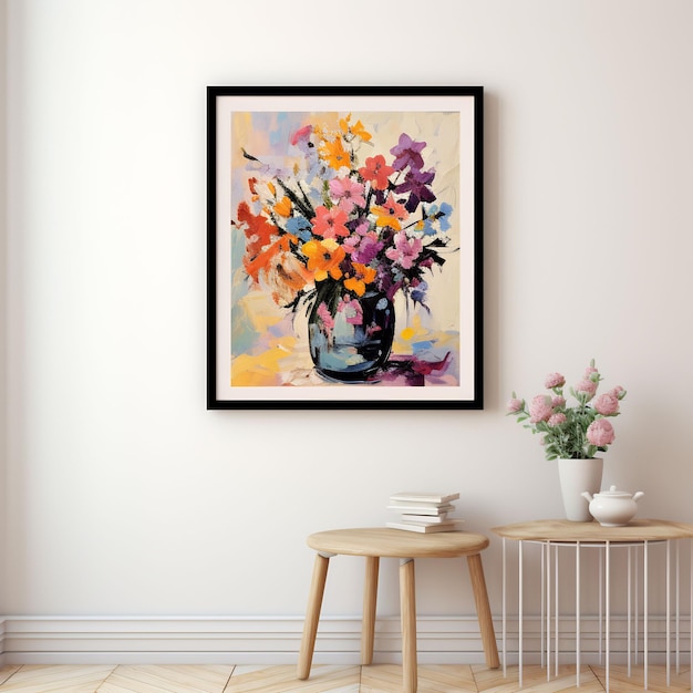 ein gerahmtes Gemälde von Blumen an einer Wand mit einer Vase mit Blumen darin