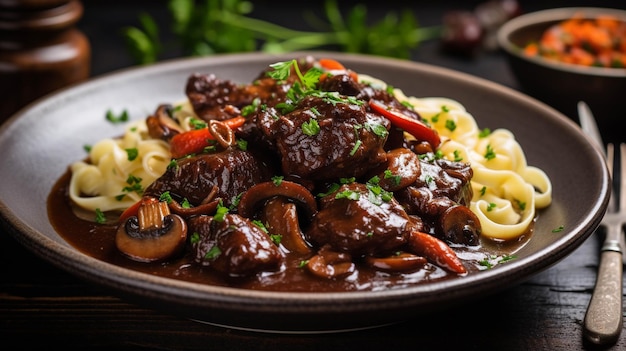 Ein Gericht aus Boeuf bourguignon, ein französisches Eintopf mit langsam gekochtem Rindfleisch, Rotweinpilzen und Perlenzwiebeln, serviert über einem Bett mit butterten Nudeln ar 169 v 52 Job ID f8471df712d04c1bbb077d79a4692b87