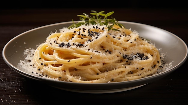 Ein Gericht aus Cacio e pepe, ein klassisches römisches Pasta-Gericht mit Spaghetti, das in einer einfachen, aber köstlichen Sauce aus Pecorino Romano-Käse und schwarzem Pfeffer geworfen wird.