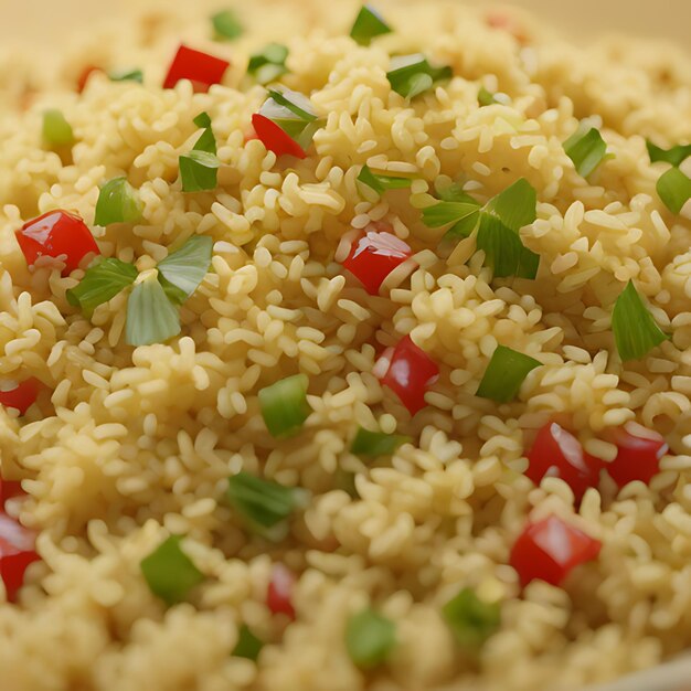 ein Gericht mit Reis mit roter und grüner Garnierung und Streuung