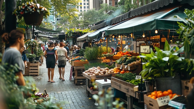 Ein geschäftiger Außenmarkt mit Menschen, die herumlaufen und frische Produkte kaufen