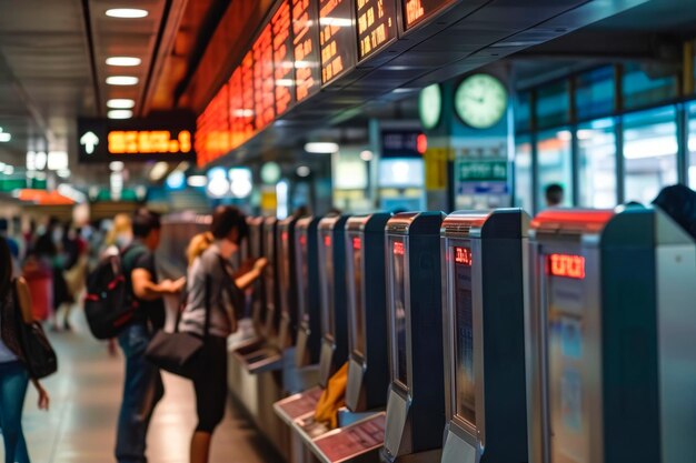 ein geschäftiger Bahnhof, an dem Reisende Tickets an Ticketrechnern kaufen