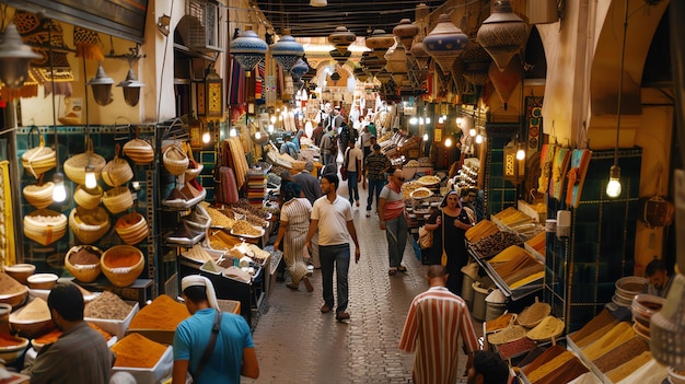 Foto ein geschäftiger markt in marokko der markt ist voller menschen, die waren kaufen und verkaufen