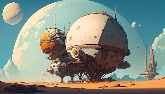 Ein geschäftiger Raumhafen am Rande einer digitalen Kunstillustration eines Planeten