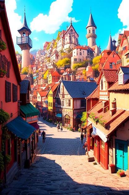 Ein geschäftiges Cartoon-Dorf mit farbenfrohen Gebäuden und verwinkelten Kopfsteinpflasterstraßen