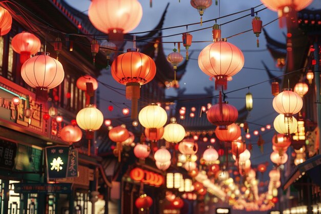 Ein geschäftiges Chinatown mit bunten Laternen