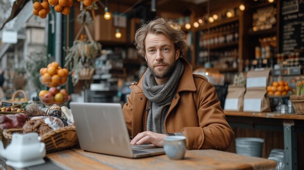 Foto ein geschäftsinhaber arbeitet an einem laptop in einem café, der ki eine illustration generiert