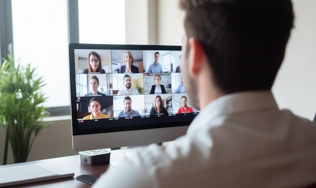 Ein Geschäftsinhaber spricht mit einem Team von Leuten über einen Online-Konferenzanruf