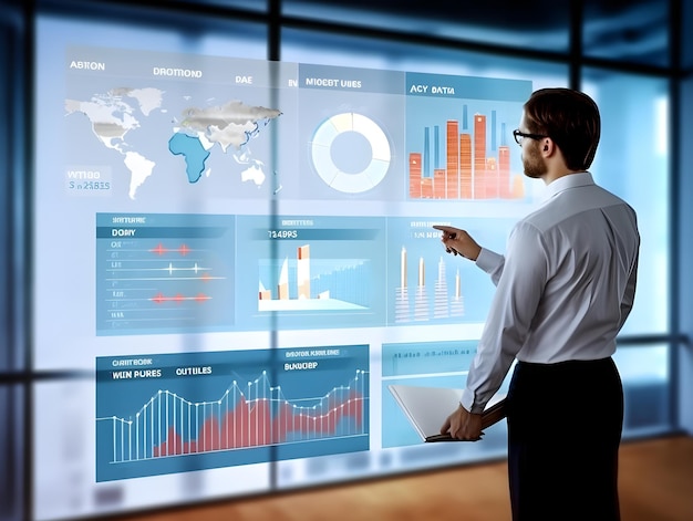Ein Geschäftsmann analysiert ein umfassendes Business Analytics-Dashboard, das auf einem virtuellen Bildschirm angezeigt wird