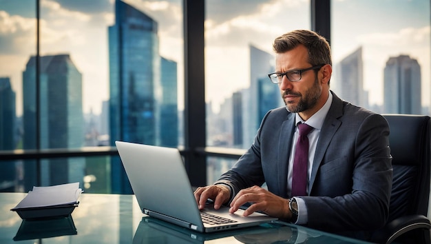 Ein Geschäftsmann arbeitet an einem Laptop-Computer im Büro mit Transparenz, die eine moderne Stadtansicht zeigt