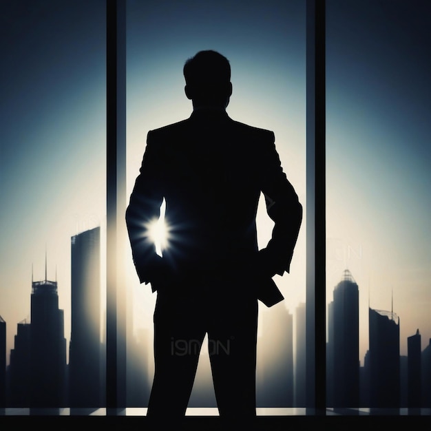 Ein Geschäftsmann aus der Stadt steht auf einem Wolkenkratzer und hat eine beleuchtete Silhouette.