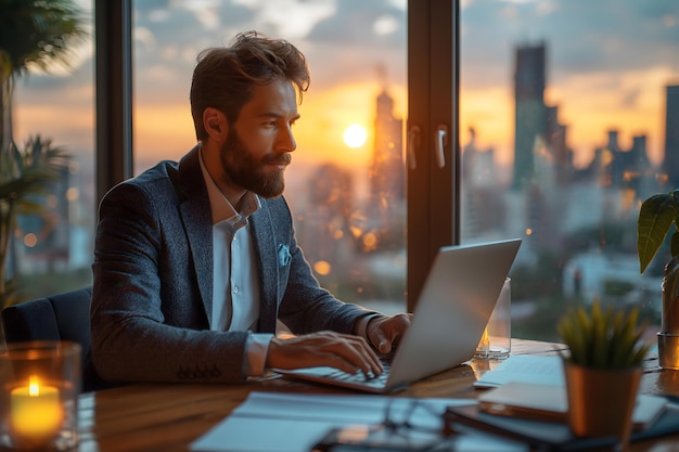 Ein Geschäftsmann benutzt einen Notebook-Computer im Büro. Weiches verschwommenes Gebäude im Sonnenuntergang-Hintergrund.