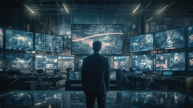 Ein Geschäftsmann, der in einer futuristischen Stadt lebt, beobachtet die Daten auf Dutzenden von Bildschirmen, die ihn umgeben