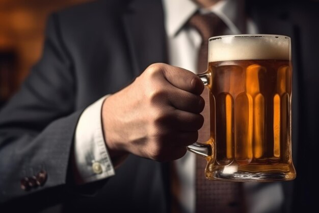 Ein Geschäftsmann hält ein Glas kaltes Bier in der Hand. Generative KI