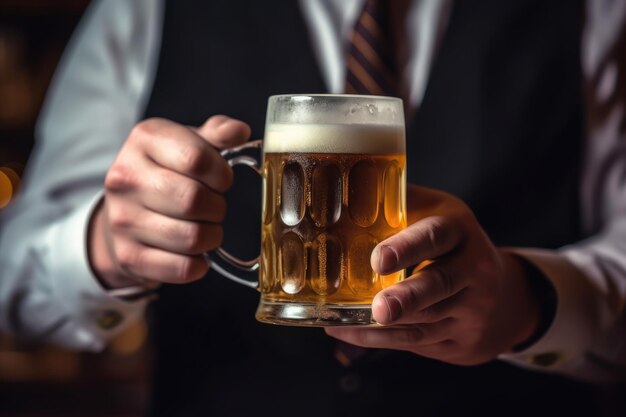 Ein Geschäftsmann hält ein Glas kaltes Bier in der Hand. Generative KI