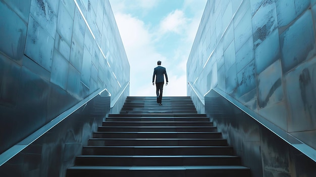 Ein Geschäftsmann in einem Anzug geht eine Treppe hinauf in Richtung Licht