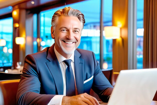 ein Geschäftsmann in einem blauen Geschäftsanzug sitzt an einem Tisch mit einem Laptop und lächelt