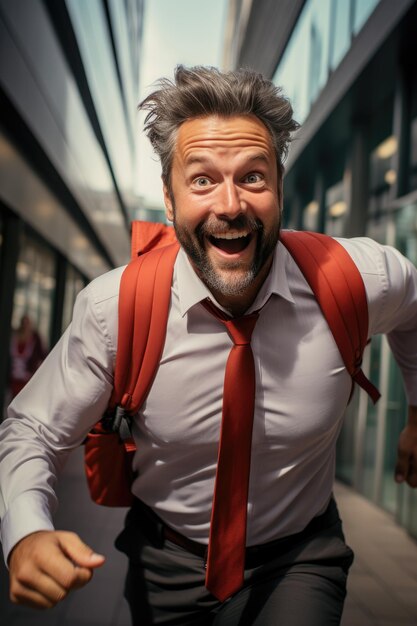 Ein Geschäftsmann in einem Hemd auf dem Weg zu seinem Büro am Schreibtisch