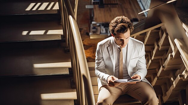 Ein Geschäftsmann liest auf der Treppe ein Buch