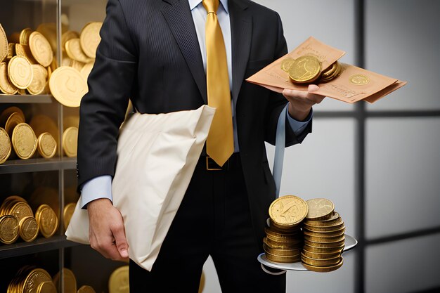 Ein Geschäftsmann mit einer Tasche voller Goldmünzen