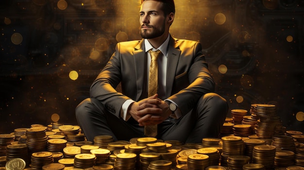 Ein Geschäftsmann mit goldenen Münzen Poster mit Kopierraum Fiktive Person Generative KI