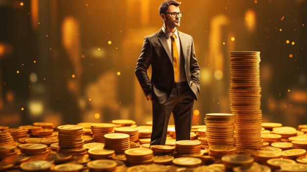 Ein Geschäftsmann mit goldenen Münzen Poster mit Kopierraum Fiktive Person Generative KI