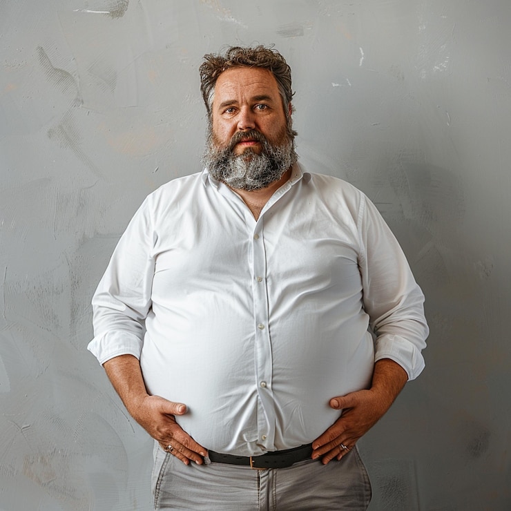 Foto ein geschäftsmann mit herausragendem runden bauch und weißem hemd