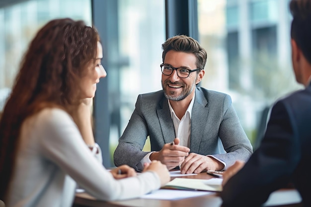 Ein Geschäftsmann oder Finanzberater, der sich in einem Büro mit Kunden trifft, um Finanzen, Hypotheken und Investitionsstrategien zu besprechen Persönliche Finanzmanagement- und Beratungsdienste Generative Ai