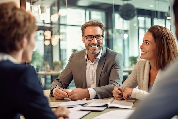 Ein Geschäftsmann oder Finanzberater, der sich in einem Büro mit Kunden trifft, um Finanzen, Hypotheken und Investitionsstrategien zu besprechen Persönliche Finanzmanagement- und Beratungsdienste Generative Ai