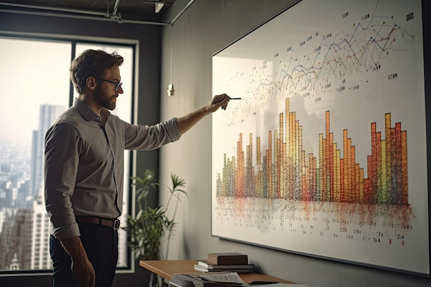 Ein Geschäftsmann präsentiert und bewertet ein Datendiagramm im Büro Generative Ai