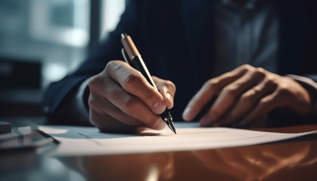 Foto ein geschäftsmann sitzt an einem schreibtisch mit einem stift und arbeitet an papierarbeit, die von ki generiert wird