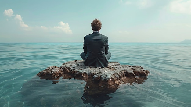 Ein Geschäftsmann sitzt auf einem Stein mitten im Meer