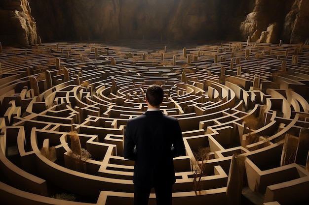 Ein Geschäftsmann steht am Eingang des Labyrinths und sucht nach einer Lösung