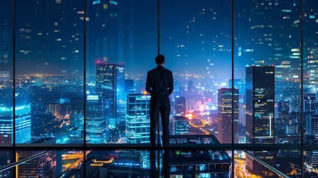 Ein Geschäftsmann steht auf einem offenen Balkon auf dem Dach und beobachtet die Stadt bei Nacht.
