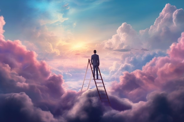 Ein Geschäftsmann steht auf einer Leiter und schaut in den Himmel ein Geschäftsmann steht op der Leiter und sieht in den Himmel mit Wolken Ai erzeugt