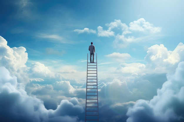 Ein Geschäftsmann steht auf einer Leiter und schaut in den Himmel ein Geschäftsmann steht op der Leiter und sieht in den Himmel mit Wolken Ai erzeugt