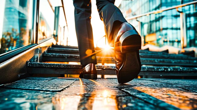 Foto ein geschäftsmann steigt mit sonnenlicht vor sich die treppe hinauf