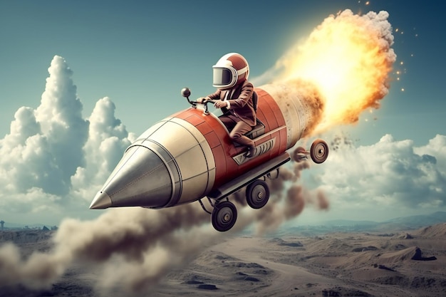 Ein Geschäftsmann trägt einen Helm und fliegt auf einer Rakete, ein Mann in einem Anzug sitzt auf einer Rakette und fliegen