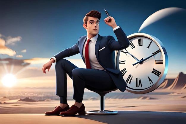 ein Geschäftsmann und eine Uhr 3D-Illustrationsfigur