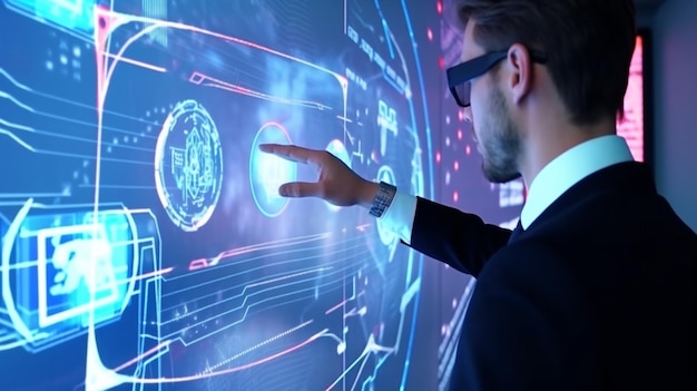 Ein Geschäftsmann zeigt auf seine Präsentation auf dem futuristischen digitalen Bildschirm vor seinem Gesicht