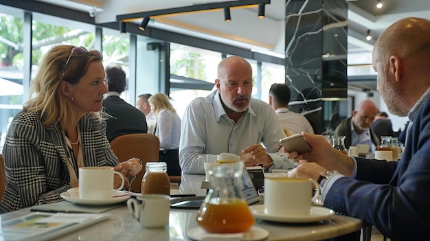 Foto ein geschäftsmittagessen, bei dem fachleute über kaffee und digitale tablets über strategien und möglichkeiten diskutieren